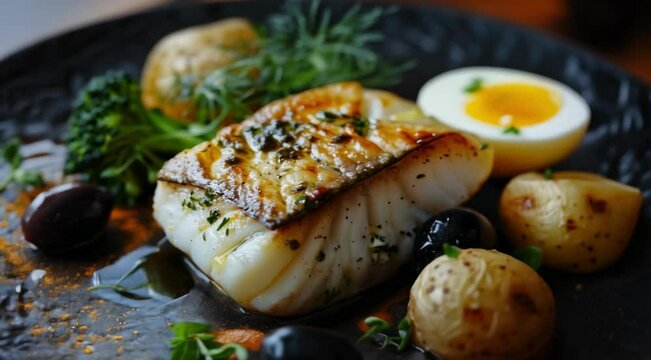 Cod loin roasted in olive oil, with potatoes, broccoli, boiled egg and black olives. Typical Portuguese dish