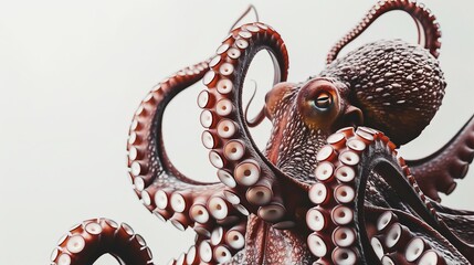 Obraz premium Octopus close-up with detailed tentacles and white background, marine life concept