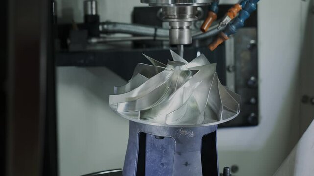 A modern cnc machine produces a piece of metal part using the milling method