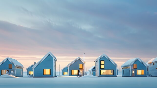 architectural concept featuring a series of interlocking houses, each with a different shade of blue vinyl siding, representing the winter sky at various times of day