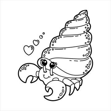 recommend clip art: Cute cartoon hermit crab with hearts. Black and white outline vector Illustration. Children's coloring book