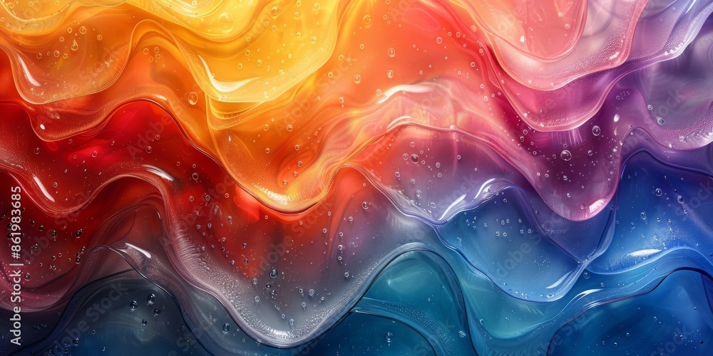 Poster colorful abstract waves with water droplets, creating a vivid and dynamic composition. bright and vi