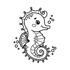 Cute cartoon seahorse with bubbles. Vector outline Illustration perfect for children's coloring books