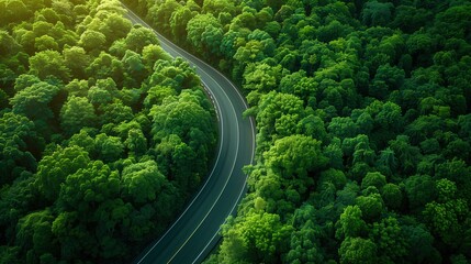 Aerial View of Serpentine Road through Lush Green Forest at Sunset
