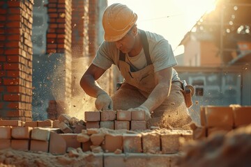 dedicated craftsman muscular bricklayer placing bricks with precision sunlit construction site vibrant mortar texture sense of progress and skill