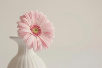 elegant floral still life single pink gerbera daisy in a minimalist vase soft focus background muted color palette ample negative space for text