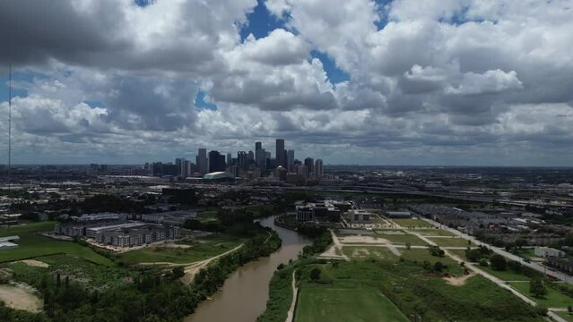 Downtown Houston, Texas during sunset from a drone