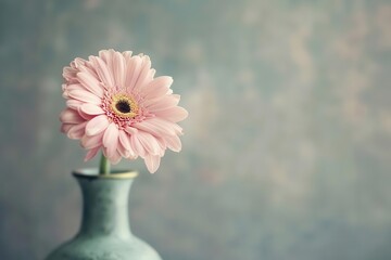 elegant floral still life single pink gerbera daisy in a minimalist vase soft focus background muted color palette ample negative space for text