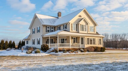 expansive view of a countryside house featuring classic cream vinyl siding, with a dusting of snow highlighting its traditional charm and weather resilience