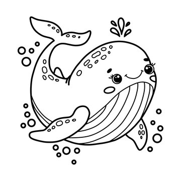 recommend clip art: Cute cartoon whale with bubbles. Children's coloring book. Black and white outline vector Illustration 
