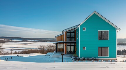 Naklejka premium expansive view of a modern house with vinyl siding in a rich teal color, set against a snowy landscape and clear skies