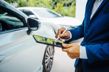 businessman in suit and car auto insurance agent assess car damage, discussing deductible, claims, coverage options comprehensive and collision insurance, completing necessary forms and appraisals.