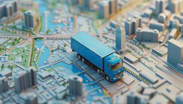 Miniature Blue Truck on City Map with 3D Perspective


