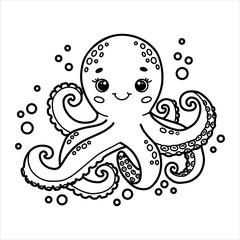 Cute cartoon smiling octopus with bubbles. Black and white outline vector Illustration. Children's coloring page book