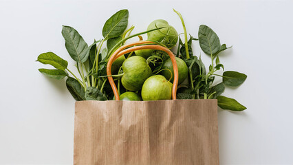 fresh green organic vegetables in a paper bag on white background