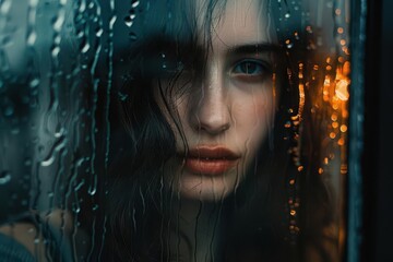 ethereal portrait of woman gazing through rainstreaked window soft natural light illuminating face reflective mood