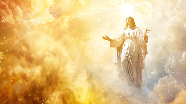 Dios resucitado saliendo de entre las nubes con espacio para copiar fondo religioso catolico 