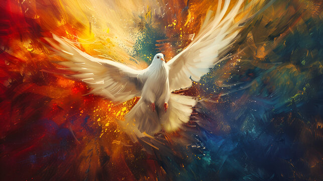 paloma del espiritu santo volando con las alas abiertas sobre un fondo de pintura de acrilico o acuarela con diferentes tonos fe y esperanza espiritualidad