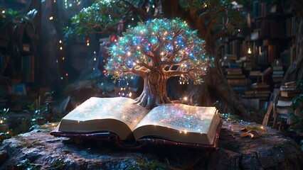Fantasy scene with magical shining tree coming out of the book, surrounded by energy of different colors, knowledge, wisdom and mistery concept