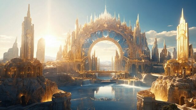 Fantasy City, Heaven realm of gods, made of gold, crystals and shining light, golden hour 