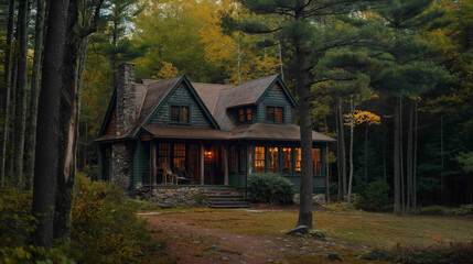 A cape style home with a field stone chimney in a dense forrest 