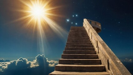 Fototapeta premium Amazing view with stairs to realm of Gods, fantasy scene with bright shining light and beautiful cloudscape