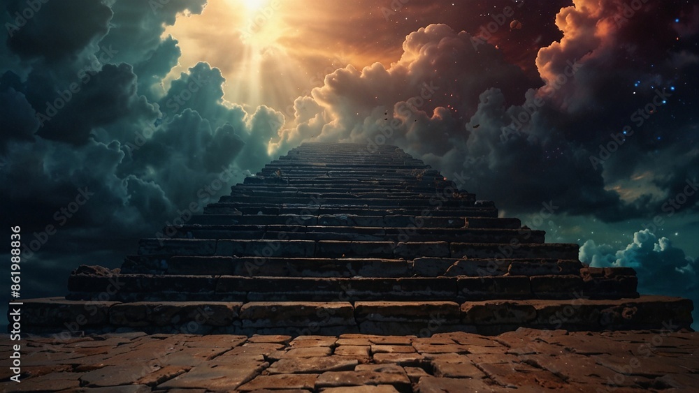 Wall mural Amazing view with stairs to realm of Gods, fantasy scene with bright shining golden light and beautiful cloudscape