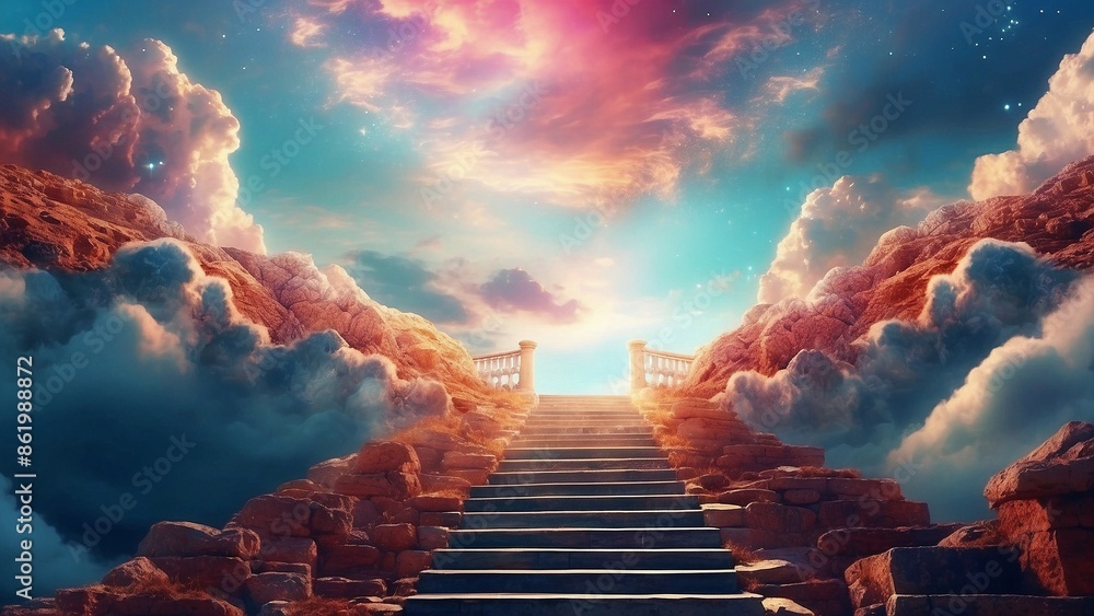 Poster Amazing view with stairs to realm of Gods, fantasy scene with beautiful cloudscape