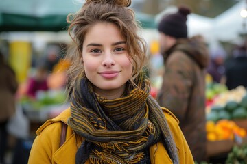 Smiling woman at outdoor market in winter, wearing cozy scarf and jacket, enjoying fresh produce and festive atmosphere
