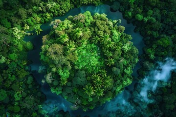 lush green earth floating in space surrounded by delicate ecosystem rainforest canopy flowing rivers and diverse wildlife emphasize environmental harmony