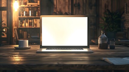 Blank Laptop Screen on Wooden Desk with Cup of Coffee and Bookshelf in the Background, Mockup for Website Design or Presentation.