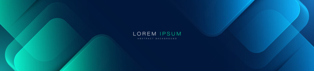 Abstract blue horizontal banner background with glowing blue and green geometric square shapes. Modern graphic design. Suit for header, cover, presentation, business, corporate, website