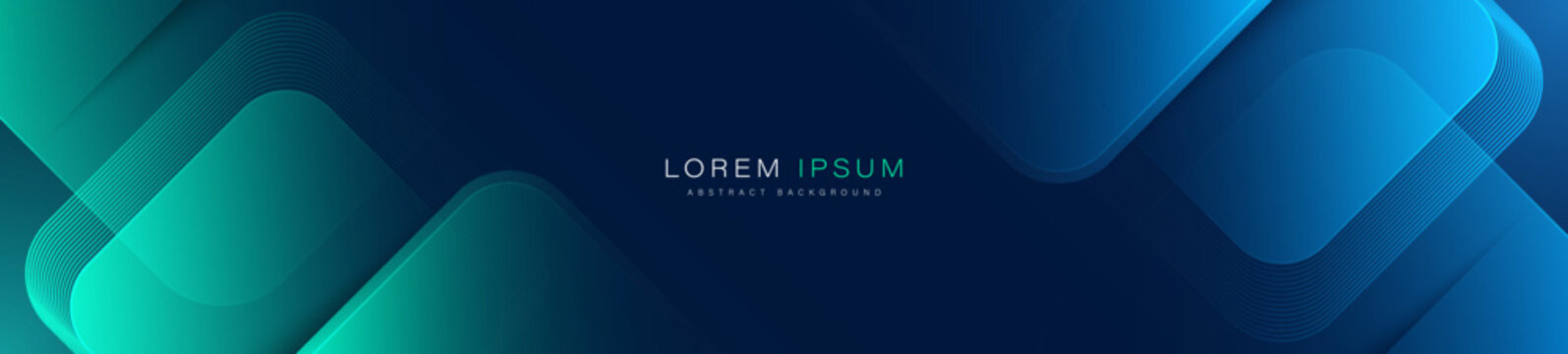 Abstract blue horizontal banner background with glowing blue and green geometric square shapes. Modern graphic design. Suit for header, cover, presentation, business, corporate, website