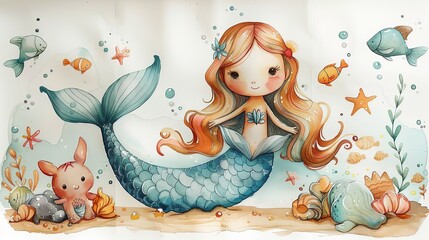 Adorable baby mermaid illustration, ideal for kids' bedroom decor and storybooks, showcasing a cheerful baby mermaid with flowing hair, colorful tail, and underwater friends like fish and starfish.