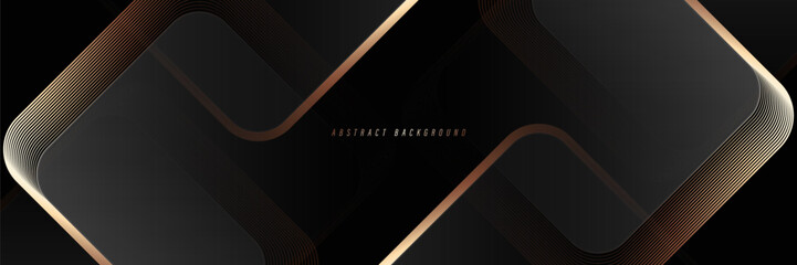 Modern abstract black background with glowing golden lines elements. Elegant dark geometric shape design. Luxury style. Suit for brochure, invitation, banner, cover, corporate, presentation, poster
