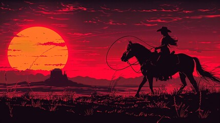 Bold cowgirl illustration with a sunset background, great for Western and rodeo themes, featuring a confident cowgirl with a hat, boots, and a lasso, riding a horse against a sunset backdrop.