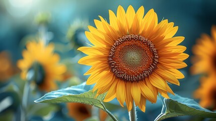 Fototapeta premium Bright and cheerful sunflower illustration, perfect for summer and gardening themes, showcasing a vibrant sunflower with large yellow petals and a brown center, basking in the sunlight. Illustration,