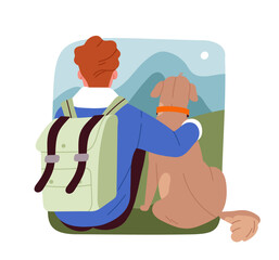 Man copes with stress. Guy sitting with dog outdoors. Hiking and camping to mountain. Awareness and mindfulness. Care about mental health. Cartoon flat vector illustration isolated on white background