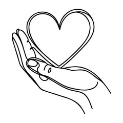 Continuous one line drawing arms holding heart. Charity donation linear concept. Vector isolated on white.