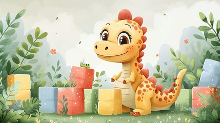 Cute baby dinosaur illustration playing with colorful blocks, ideal for children's activities and educational materials, featuring a happy little dinosaur with a playful expression. Illustration,