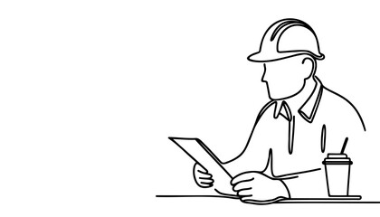 Continuous line drawing of a young man architect-engineer sitting at a desk and writing a business note on paper in a tablet wearing a safety helmet. One business woman concept. Vector illustration