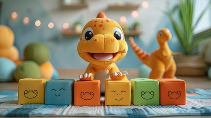 Cute baby dinosaur illustration playing with colorful blocks, ideal for children's activities and educational materials, featuring a happy little dinosaur with a playful expression. Illustration,
