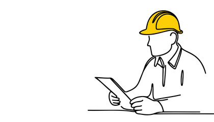 Continuous line drawing of a young man architect-engineer sitting at a desk and writing a business note on paper in a tablet wearing a safety helmet. One business woman concept. Vector illustration