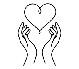 Continuous one line drawing arms holding heart. Charity donation linear concept. Vector isolated on white.