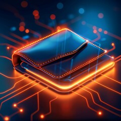 Naklejka premium A leather wallet sits on a glowing circuit board, representing digital finance and technology.