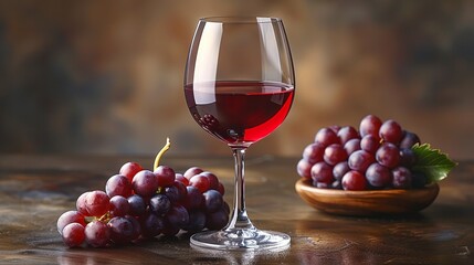 Elegant red wine glass illustration, suitable for culinary arts and wine tasting events, depicting a beautifully shaped wine glass filled with rich red wine, accompanied by a few grapes on the side.