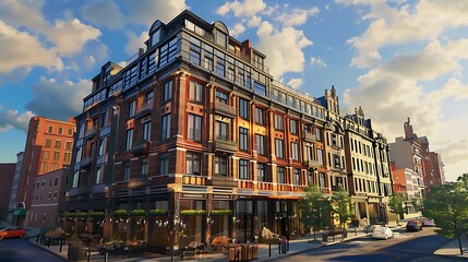 boutique hotel in a bustling city center, where each brick in the facade is reclaimed from historic buildings previously demolished in the area
