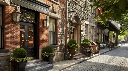 Fototapeta premium boutique hotel in a historic district with a restored brick facade featuring original ornamental stonework, attracting tourists with its charm