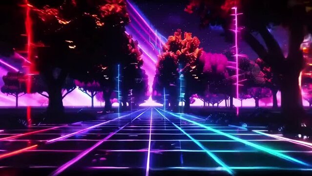 Retro Futuristic Cyberpunk Landscape With Neon vapor wave Lights 