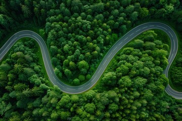 Aerial view of a winding road through dense green forest, scenic and tranquil nature landscape
